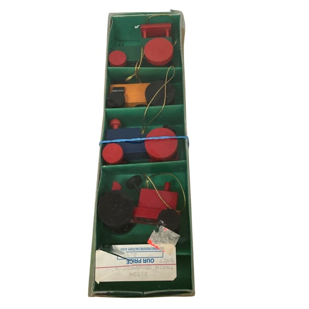 Vintage Corning Revere Wooden Tractor Train Christmas Ornaments 3" Set Of 4